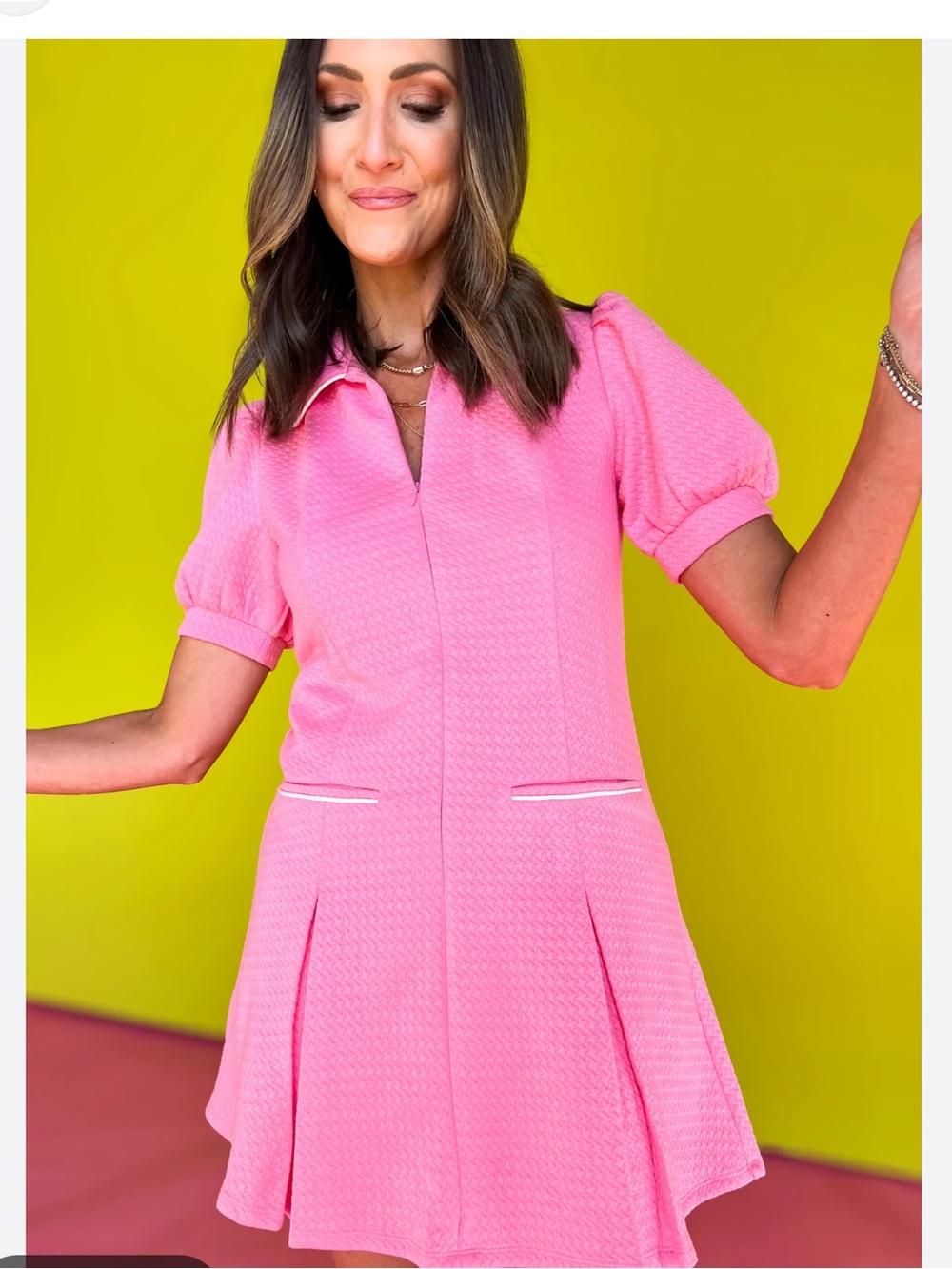 Textured Pink Collared Short Sleeve Zip-Up Dress